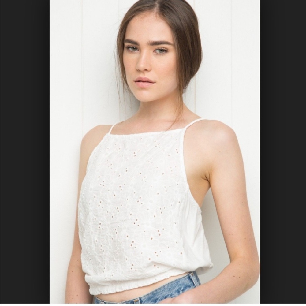 Brandy Melville Laguna Eyelet Halter Top White Open Back Floral OS